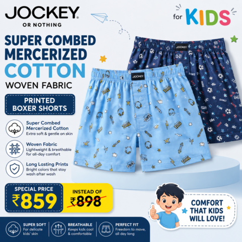 Jockey Deal on Style UB08 Kids Mercerized Cotton Woven Fabric Printed Boxer Shorts Pack of 2, now ₹859 instead of ₹898, save ₹39 on premium kidswear.