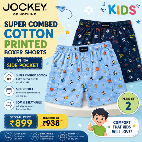 Jockey Style MB05 Kids Super Combed Cotton Printed Boxer Shorts with Side Pockets Pack of 2, now ₹899 instead of ₹938, save ₹39 on comfortable everyday wear.