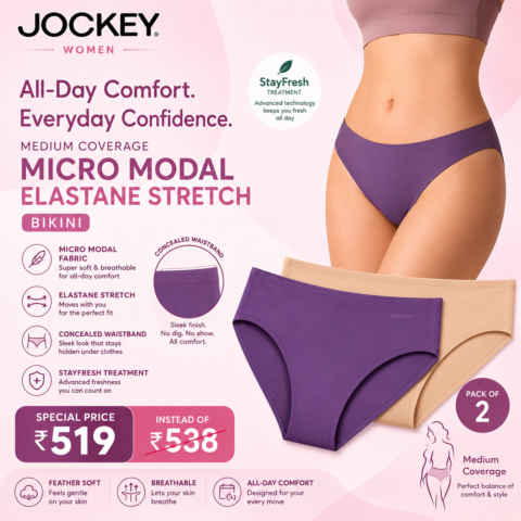 Jockey Deals on Style 1803 Women's Medium Coverage Micro Modal Elastane Stretch Bikini Pack of 2, now ₹519 instead of ₹538, save ₹19 with premium comfort and StayFresh treatment.