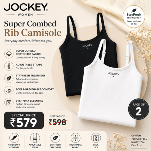 Jockey Deal Style 1487 Super Combed Cotton Rib Camisole Pack of 2 with Adjustable Straps and StayFresh Treatment at ₹579 instead of ₹598.