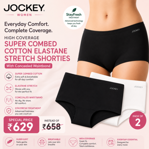 Jockey Deal Style 1529 High Coverage Super Combed Cotton Elastane Stretch Shorties Pack of 2 for ₹629 instead of ₹658.