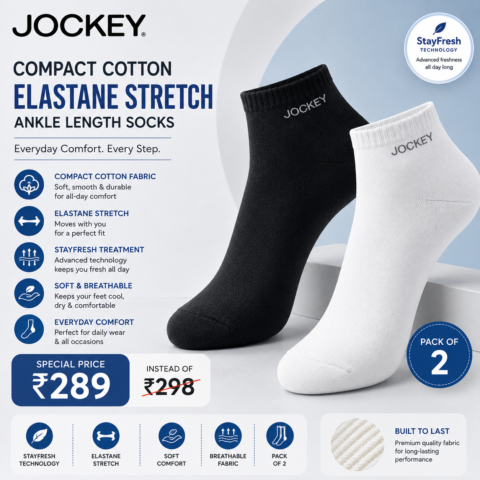 Jockey Deal Style 7002 Compact Cotton Elastane Stretch Ankle Length Socks with StayFresh Treatment Pack of 2 for ₹289 instead of ₹298.