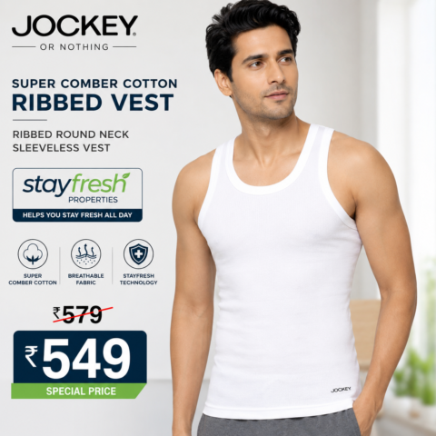 Jockey Deals on Style 8823 Super Combed Cotton Rib Round Neck Sleeveless Vest White Pack of 2 for ₹549 instead of ₹579 with StayFresh properties.