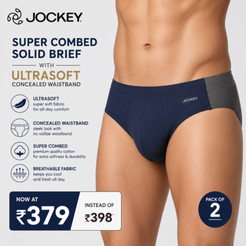 Jockey Style 8035 Super Combed Cotton Solid Briefs Pack of 2 with ultrasoft concealed waistband, available at ₹379, save ₹19 on premium everyday comfort.