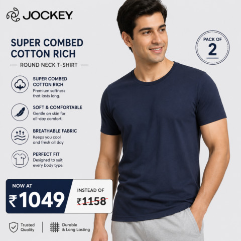 Jockey Style 2714 Men's Super Combed Cotton-Rich Round Neck Half Sleeve T-Shirt Pack of 2 in Wine Tasting and Seaport Teal, now ₹1,049 instead of ₹1,158, save ₹109