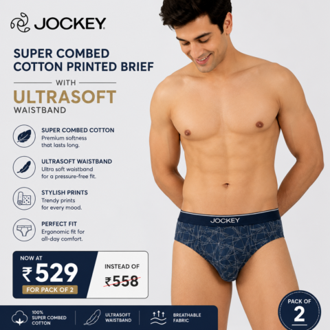Jockey Super Combed Cotton Printed Briefs Pack of 2 with ultrasoft waistband, now ₹529 instead of ₹558, save ₹29 on premium men's innerwear.