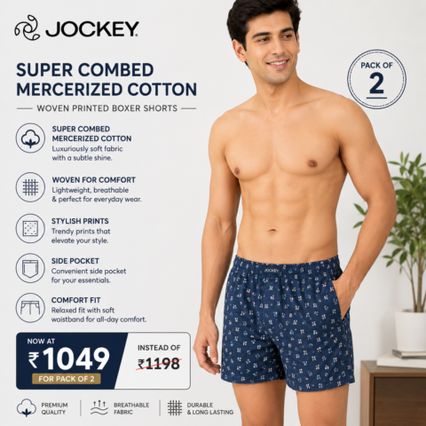 Jockey Style US57 Men's Super Combed Mercerized Cotton Woven Printed Boxer Shorts with Side Pockets Pack of 2, now ₹1,049 instead of ₹1,198, save ₹149 on premium comfort.