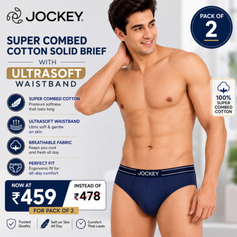 Jockey Style US49 Men's Super Combed Cotton Solid Briefs with UltraSoft Waistband Pack of 2, now ₹459 instead of ₹478, save ₹19 on everyday comfort.