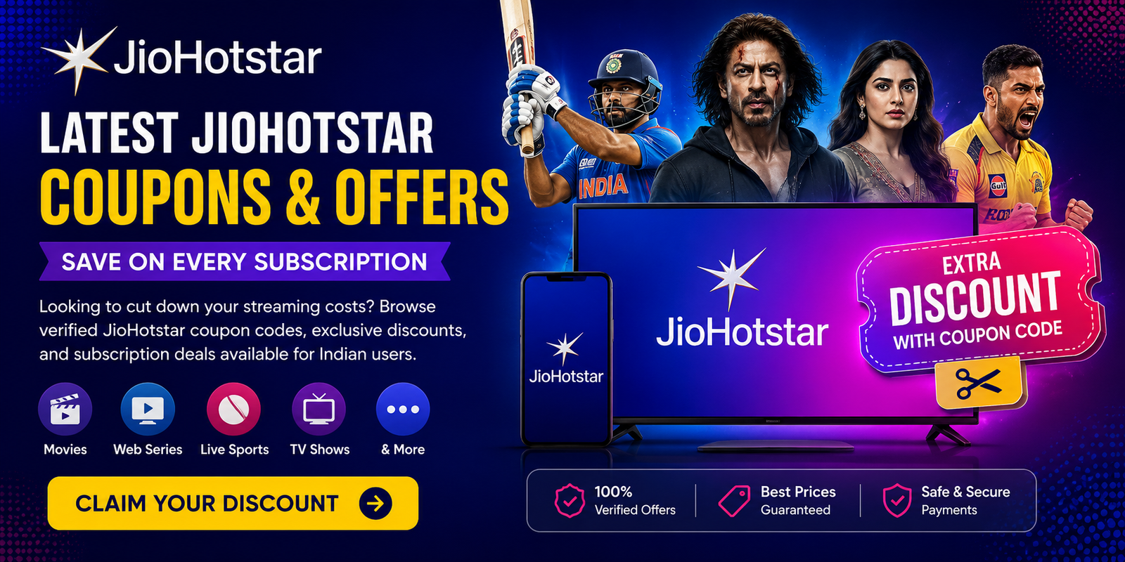 JioHotstar Premium subscription offers with verified coupon codes, promo codes, and exclusive discounts for Indian users.
