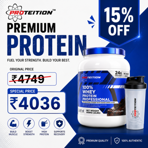 Proteition Deals on Proteition 100% Professional Whey Protein – Get premium whey protein for ₹4,036 instead of ₹4,749 with an exclusive 15% discount.