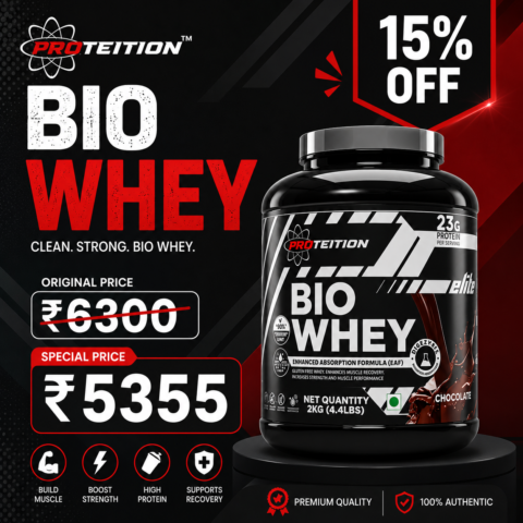 Proteition Bio Whey offer image showing the product available for ₹5,355 instead of ₹6,300 with a 15% discount under Proteition Deals.