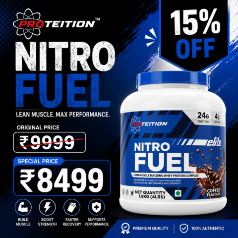 Proteition Elite Nitro Fuel promotional image showing the product available for ₹8,499 instead of ₹9,999 with a 15% discount under Proteition Deals.