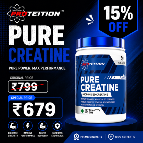 Proteition Pure Creatine deal image showing the product available for ₹679 instead of ₹799 with a 15% discount under Proteition Deals.
