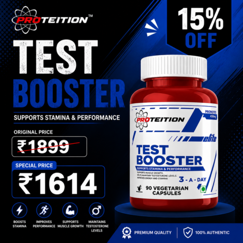 Proteition Test Booster promotional image showing the product available for ₹1,614 instead of ₹1,899 with a 15% discount under Proteition Deals.