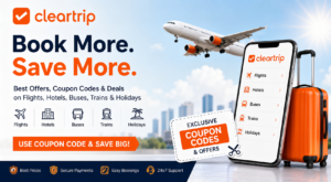 Cleartrip coupon code banner featuring flight offers, hotel discounts, travel deals, promo codes, buses, trains and holiday package savings.