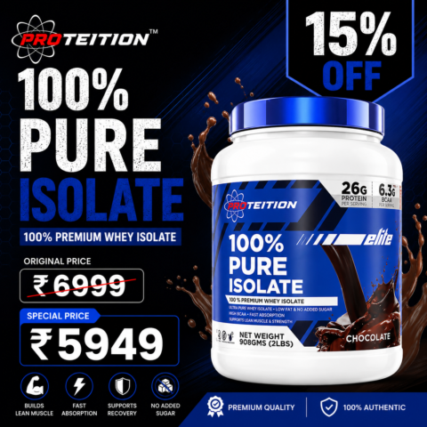 Proteition 100% Pure Isolate promotional image showing the product available for ₹5,949 instead of ₹6,999 with a 15% discount under Proteition Deals.