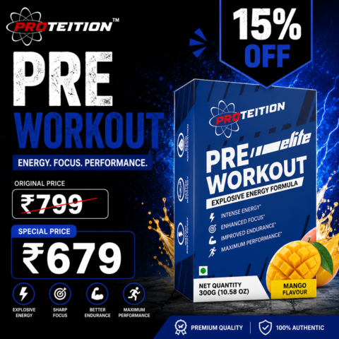 Proteition Isotonic Pre Workout promotional image showing the product available for ₹679 instead of ₹799 with a 15% discount under Proteition Deals.