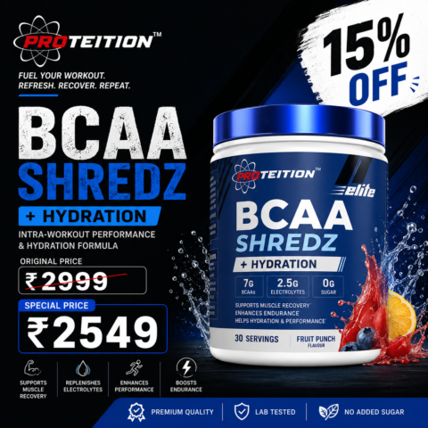 Proteition BCAA Shredz + Hydration promotional image showing the product available for ₹2,549 instead of ₹2,999 with a 15% discount under Proteition Deals.