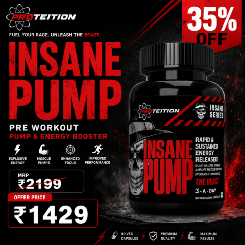 Proteition Insane Pump promotional image showing 90 Veg Capsules available for ₹1,429 instead of ₹2,199 with a 35% discount under Proteition Deals.