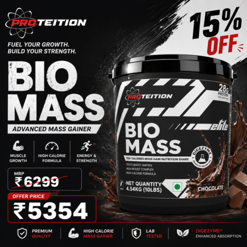 Proteition Bio Mass 10 lbs promotional image showing the product available for ₹5,354 instead of ₹6,299 with a 15% discount under Proteition Deals.