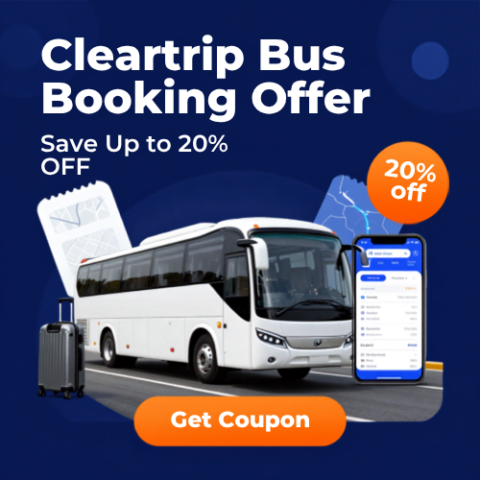 Cleartrip bus booking offer banner featuring luxury bus travel, verified ticket booking deals, and up to 20 percent discount.