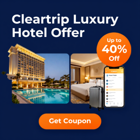 Cleartrip luxury hotel offer banner featuring five-star hotel discounts and premium travel deals.