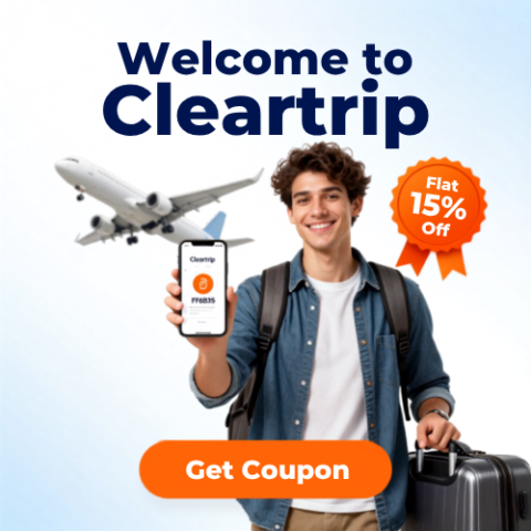 Cleartrip new user offer banner showing first booking discount and exclusive travel deals.