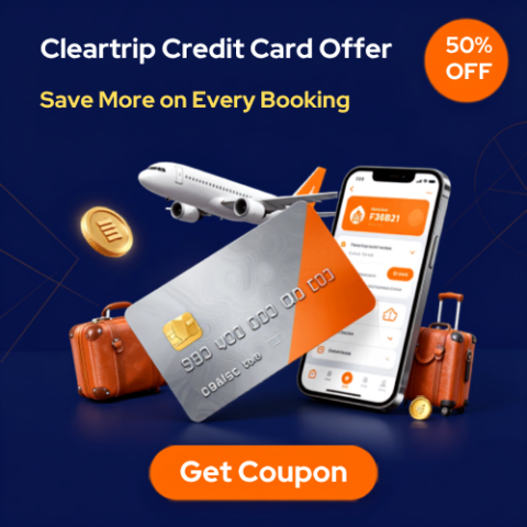 Cleartrip credit card offer banner featuring travel discounts, cashback offers, and instant booking savings.