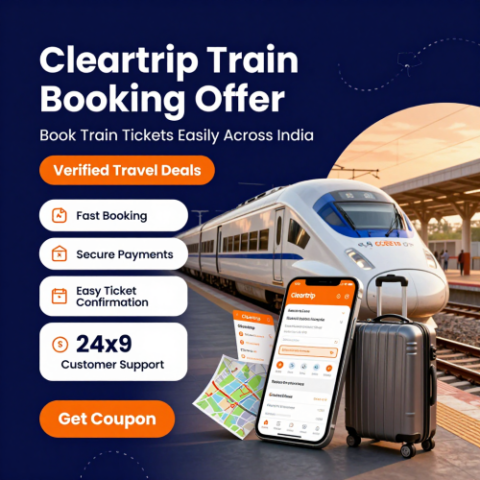 Cleartrip train booking offer banner with railway ticket discounts and exclusive travel deals.