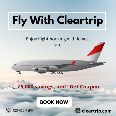 Cleartrip international flight offer banner featuring global travel deals, airline discounts, and up to ₹5,000 OFF on flight bookings.