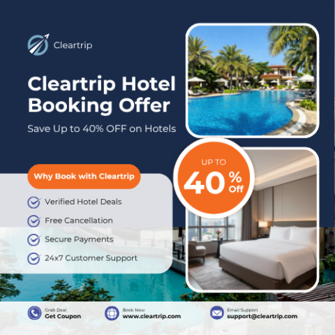 Cleartrip hotel booking offer banner with up to 40% OFF on hotel bookings, verified hotel deals, secure payments, and instant booking confirmation.