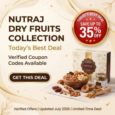 Latest Nutraj coupon code banner for premium dry fruits and healthy snacks July 2026