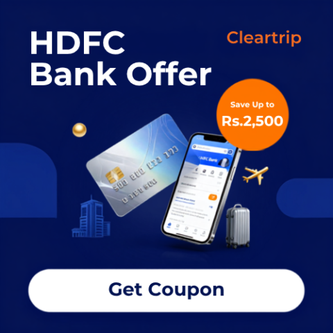 Cleartrip HDFC Bank offer banner featuring instant discounts on flights and hotel bookings.
