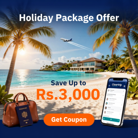 Cleartrip holiday package offer banner featuring beach vacations, resorts and exclusive travel discounts.