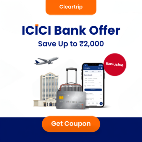 Cleartrip ICICI Bank offer banner showing travel discounts on flights and hotels.