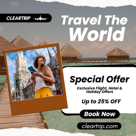Cleartrip coupon code banner featuring flight offers, hotel discounts, travel deals, promo codes, and up to 25% OFF on bookings.