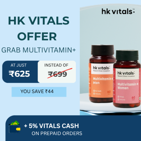 HK Vitals Multivitamin+ offer at ₹625 instead of ₹669 with ₹44 savings and 5% Vitals Cash on prepaid orders