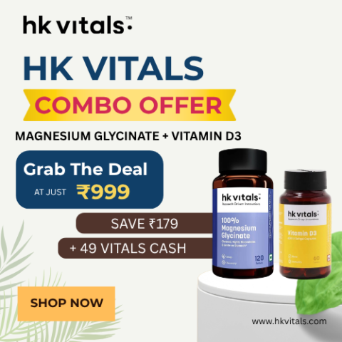 HK Vitals combo offer – Magnesium Glycinate and Vitamin D3 at ₹999 with ₹179 savings and 49 Vitals Cash