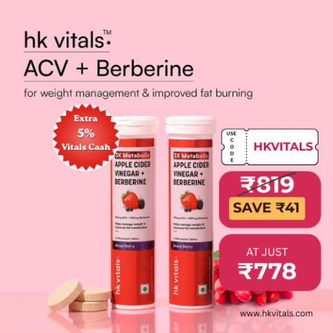 HK Vitals coupon code HKVITALS – Metabolic ACV and Berberine at ₹778 instead of ₹819 with ₹41 savings and 5% Vitals Cash