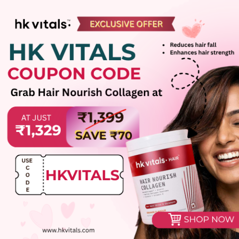 HK Vitals coupon code HKVITALS – Hair Nourish Collagen at ₹1,329 with ₹70 savings and 5% Vitals Cash