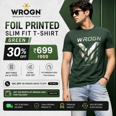 WROGN Foil Printed Slim Fit T-Shirt Green 30% Off