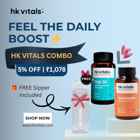 HK Vitals Multivitamin and Fish Oil 90 Caps Combo at 5% off for ₹1,078 with a free 600 ml sipper and 54 Vitals Cash.