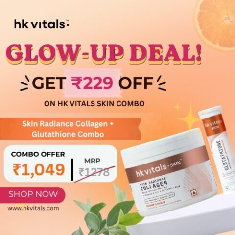 HK Vitals Skin Radiance Collagen and Glutathione combo offer with ₹229 off, available at ₹1,049, featuring collagen powder and orange-flavoured glutathione effervescent tablets.