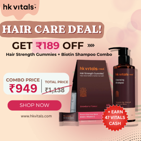 HK Vitals Hair Strength Gummies and Biotin Shampoo combo at ₹949, featuring ₹189 off on the combo.