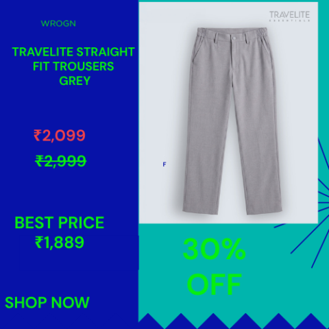 WROGN Travelite Straight Fit Trousers Grey 30% Off